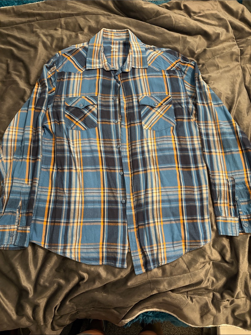 Mossimo Supply Co. Blue Plaid Button-Down Shirt with Tan Stripes